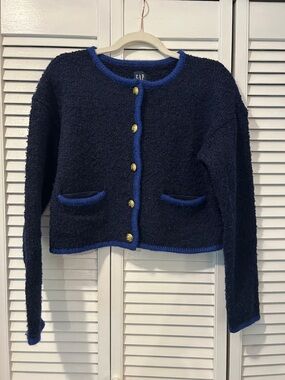 Gap Boucle Knit Jacket gold button detail | Blue